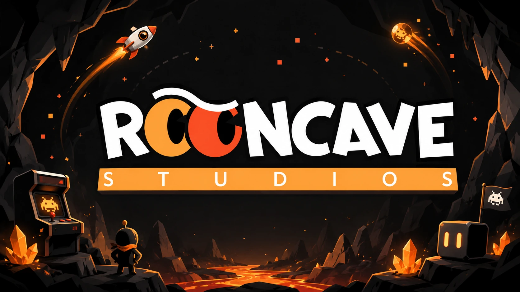 Titel: ROONCAVE Studios Brand Hero Alt text: ROONCAVE Studios brand hero with arcade logo, dark cave world, rocket and orange gaming elements